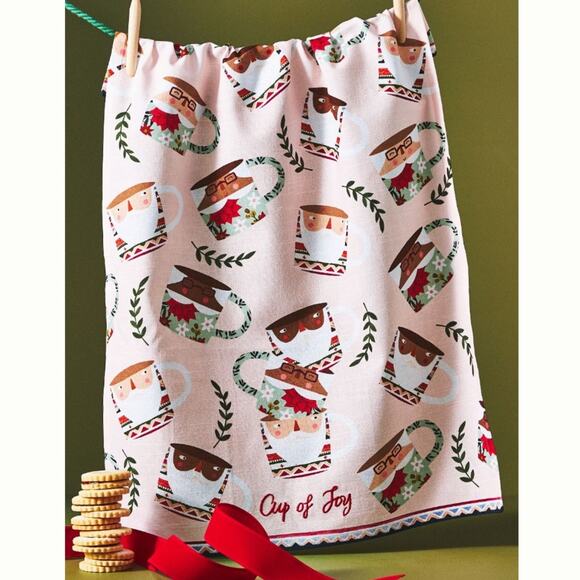 Anthropologie Fotini Tikkou Santa Mrs Claus Mugs Dish Towel Christmas Cup of Joy - Picture 3 of 7